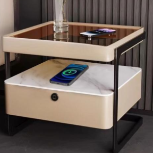 Luxury Storage Nightstand with Metal Frame Speaker Fingerprint Lock USB Port Home or Hotel Bedside Table