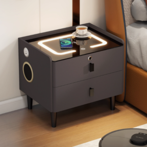 Smart Nightstand with Wireless Charging  LED Light , Modern Solid Wood Bedside Cabinet for Bedroom Storage