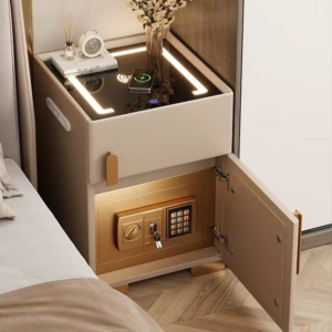Beige Smart Nightstand with LED Lighted Glass Top, Single Drawer & Hidden Built-in Safe Table