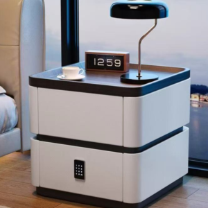 Modern Rounded Edge Smart Nightstand, Two-Drawer Bedside Cabinet with Digital Password Lock, Two-Tone White & Dark Trim Storage Cabinet