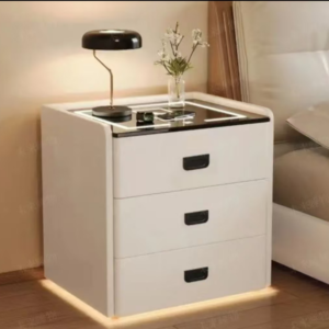 Cream Style Minimalist Three Drawer Bedroom Nightstand with Sensor Light Wireless Charging for Home or Hotel Use