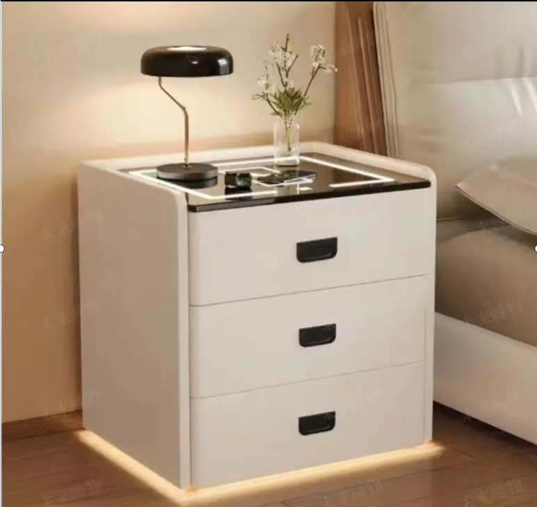 Cream Style Minimalist Three Drawer Bedroom Nightstand with Sensor Light Wireless Charging for Home or Hotel Use