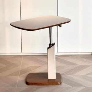 Adjustable Height Side Table with Wood Grain Top & Leather Wrapped Support, Modern C-Shaped Sofa End Table