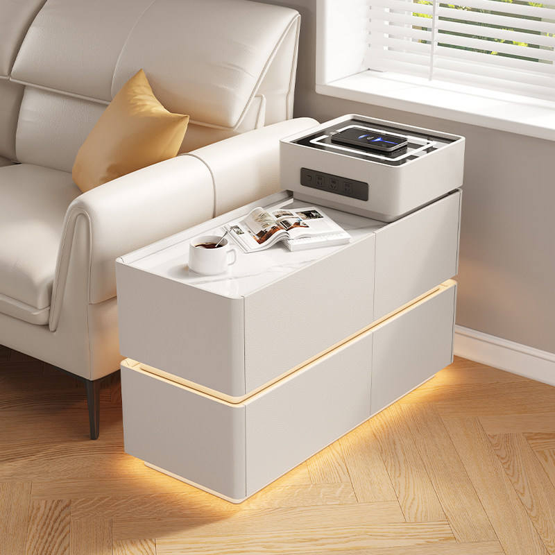 Modern Off White Tiered Smart Sofa Side Table Scratch Resistant Tabletop Multi Drawer Sofa Side Table with LED Light Strip Wireless Charging and Built-in Outlet - Image 10