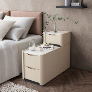 Full Curved Rounded Cream Asymmetric Side Table White Stone Tabletop Three Drawer Sofa Side Storage Table