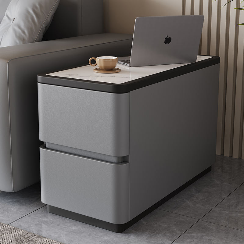Modern Beige Upholstered Sofa Side Table Contrast Black Border White Stone Surface Two Drawer Storage Side Table - Image 13