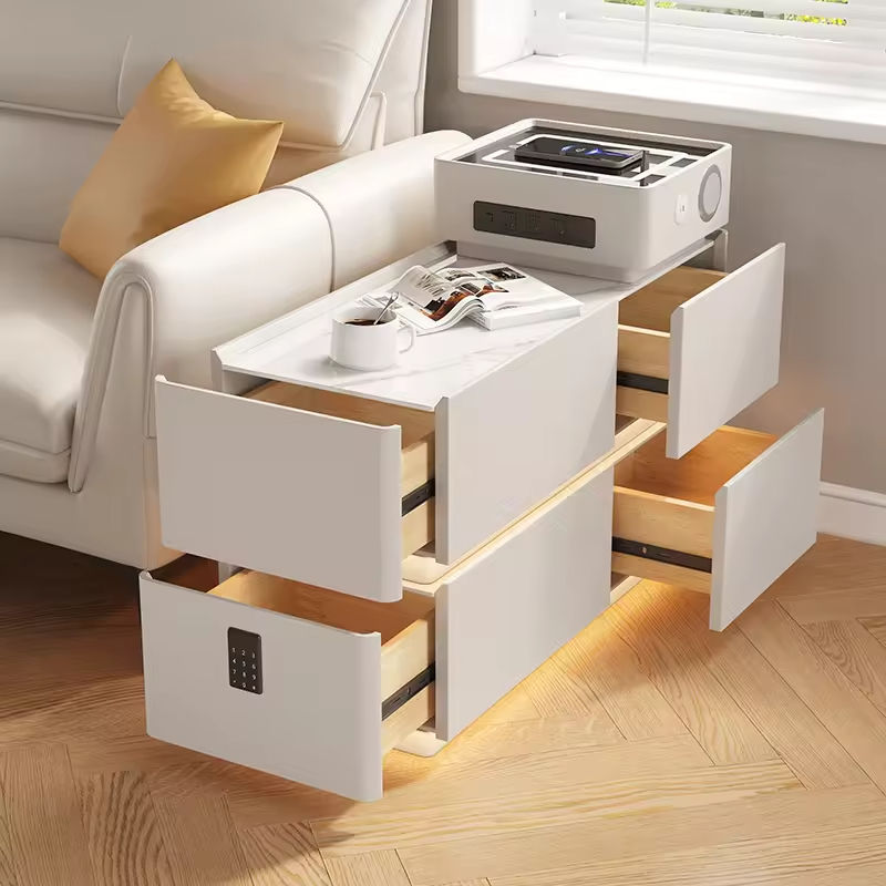 Modern Off White Tiered Smart Sofa Side Table Scratch Resistant Tabletop Multi Drawer Sofa Side Table with LED Light Strip Wireless Charging and Built-in Outlet - Image 11