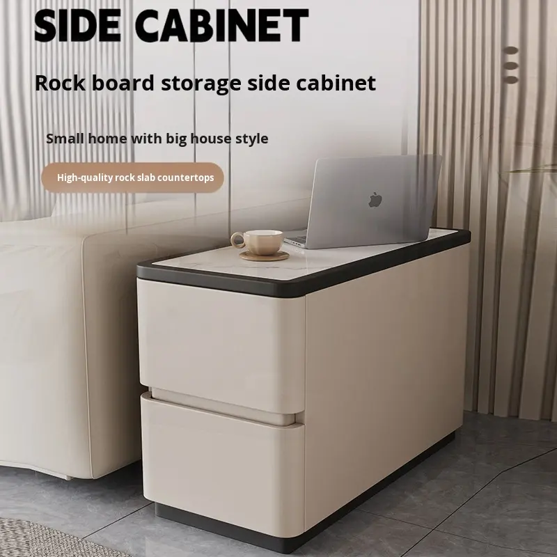 Modern Beige Upholstered Sofa Side Table Contrast Black Border White Stone Surface Two Drawer Storage Side Table - Image 14
