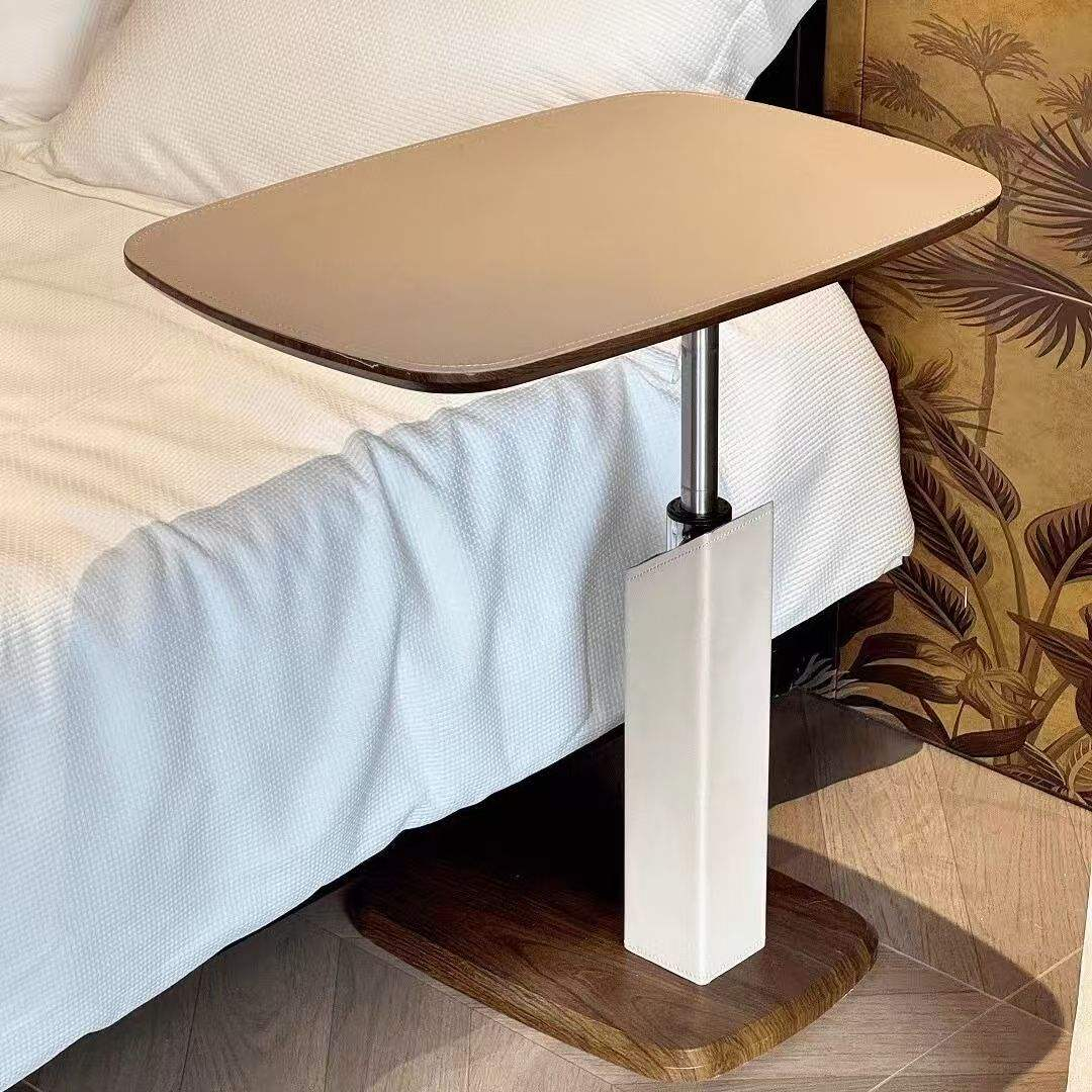 Adjustable Height Side Table with Wood Grain Top & Leather Wrapped Support, Modern C-Shaped Sofa End Table - Image 14