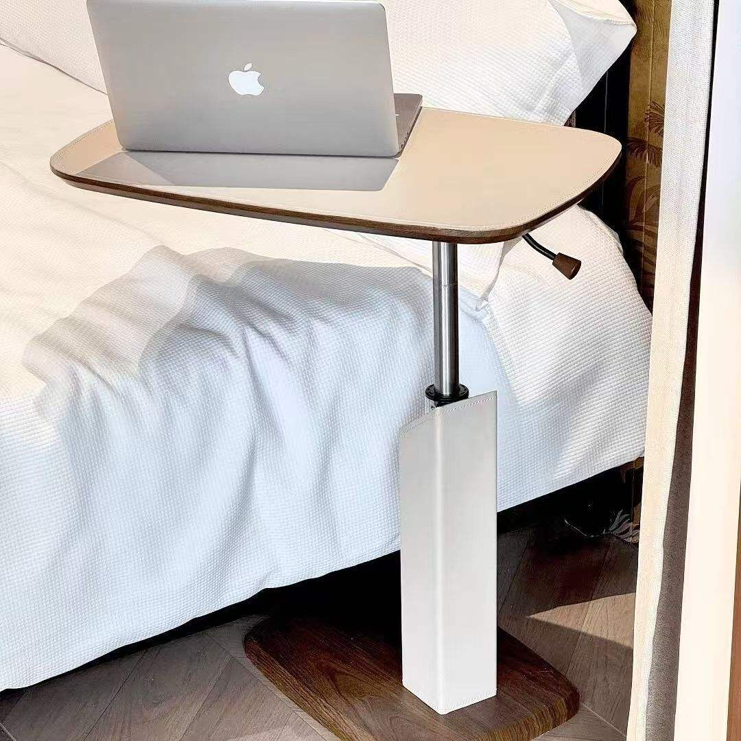 Adjustable Height Side Table with Wood Grain Top & Leather Wrapped Support, Modern C-Shaped Sofa End Table - Image 15