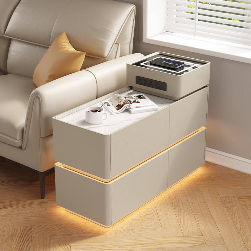Modern Off White Tiered Smart Sofa Side Table Scratch Resistant Tabletop Multi Drawer Sofa Side Table with LED Light Strip Wireless Charging and Built-in Outlet - Image 13