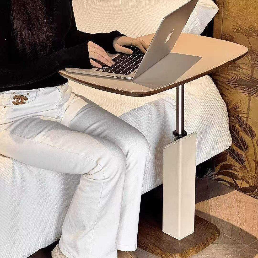 Adjustable Height Side Table with Wood Grain Top & Leather Wrapped Support, Modern C-Shaped Sofa End Table - Image 16