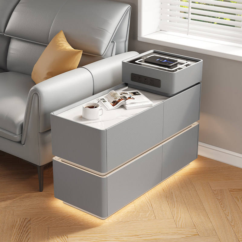 Modern Off White Tiered Smart Sofa Side Table Scratch Resistant Tabletop Multi Drawer Sofa Side Table with LED Light Strip Wireless Charging and Built-in Outlet - Image 14