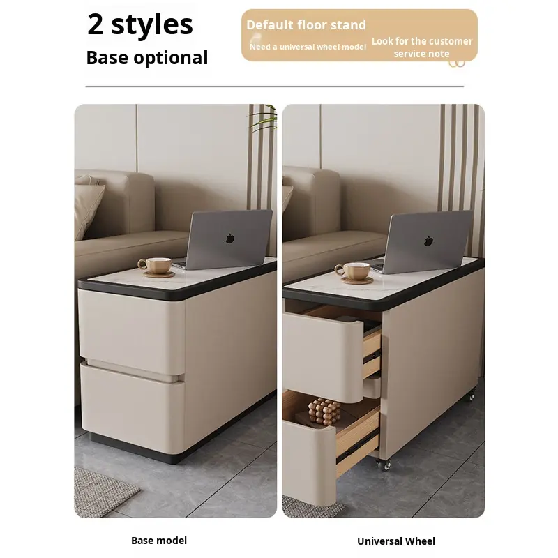 Modern Beige Upholstered Sofa Side Table Contrast Black Border White Stone Surface Two Drawer Storage Side Table - Image 16