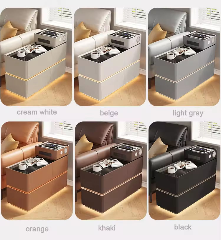 Modern Off White Tiered Smart Sofa Side Table Scratch Resistant Tabletop Multi Drawer Sofa Side Table with LED Light Strip Wireless Charging and Built-in Outlet - Image 15