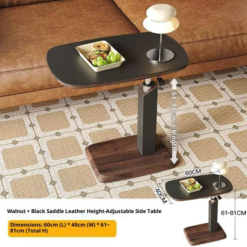 Adjustable Height Side Table with Wood Grain Top & Leather Wrapped Support, Modern C-Shaped Sofa End Table - Image 18