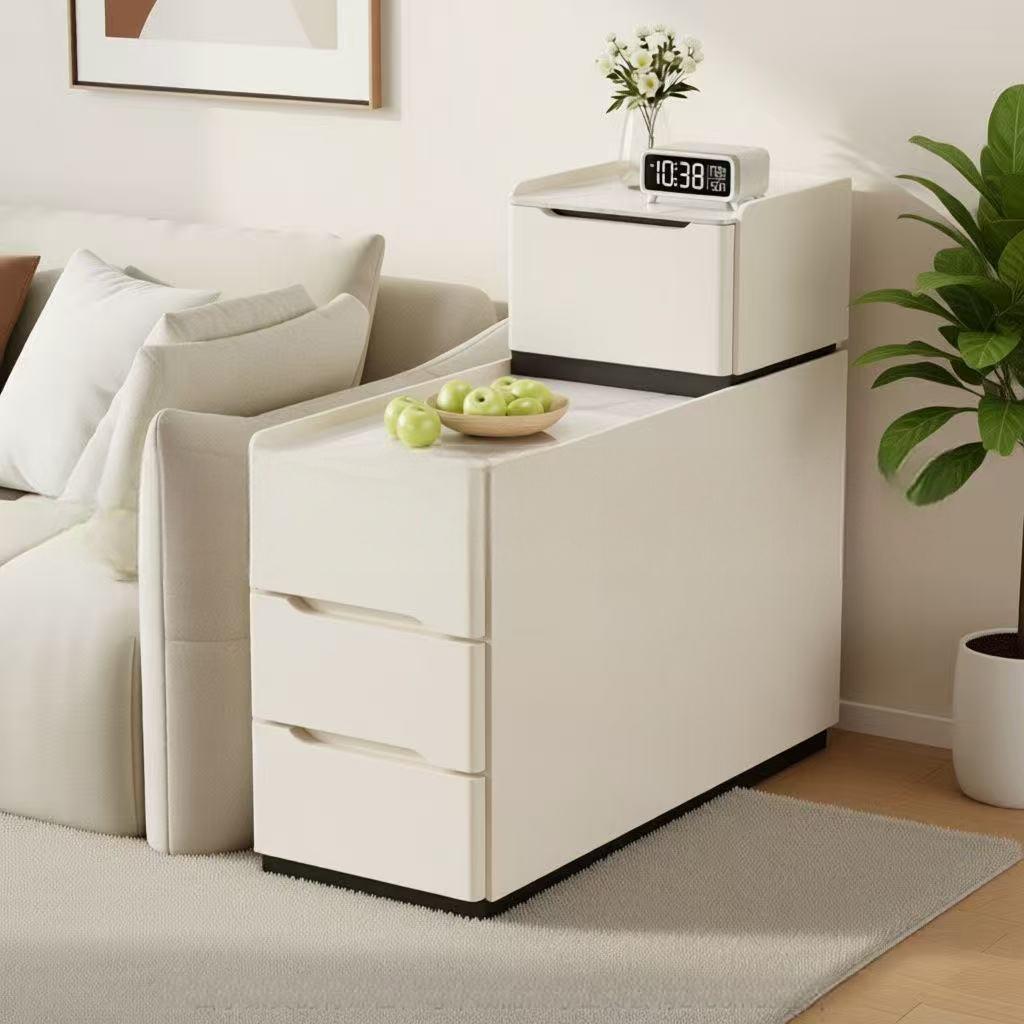 Modern Cream Tiered Smart Sofa Side Table Tempered Glass Top Three Storage Drawers with Built-in LED Ambient Light Strip - Image 16