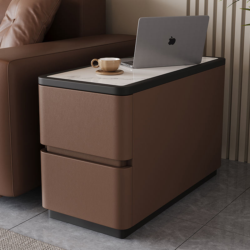 Modern Beige Upholstered Sofa Side Table Contrast Black Border White Stone Surface Two Drawer Storage Side Table - Image 19