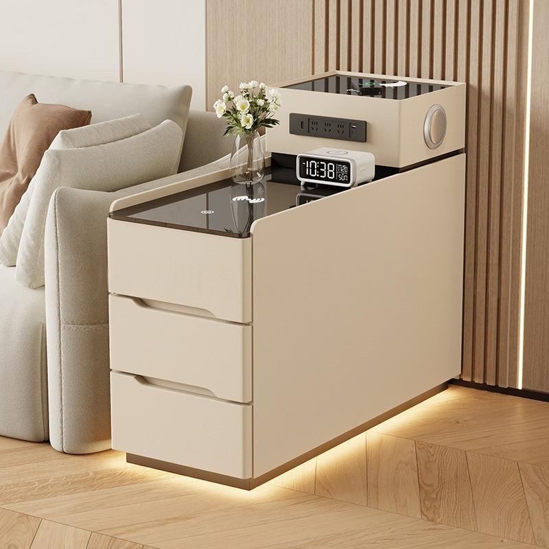 Modern Cream Tiered Smart Sofa Side Table Tempered Glass Top Three Storage Drawers with Built-in LED Ambient Light Strip - Image 15