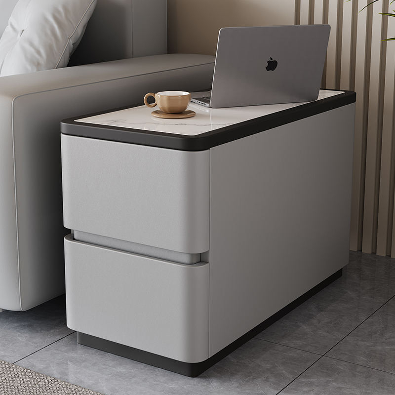 Modern Beige Upholstered Sofa Side Table Contrast Black Border White Stone Surface Two Drawer Storage Side Table - Image 20