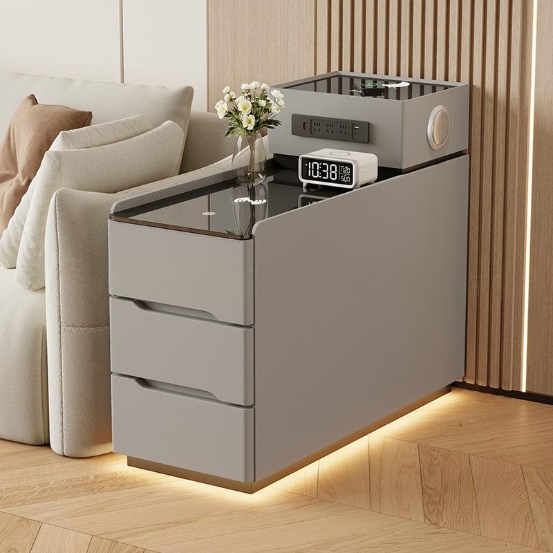Modern Cream Tiered Smart Sofa Side Table Tempered Glass Top Three Storage Drawers with Built-in LED Ambient Light Strip - Image 17