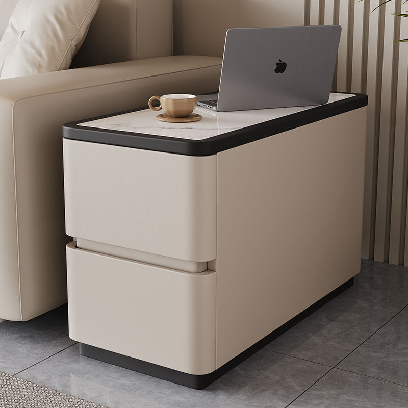 Modern Beige Upholstered Sofa Side Table Contrast Black Border White Stone Surface Two Drawer Storage Side Table - Image 21