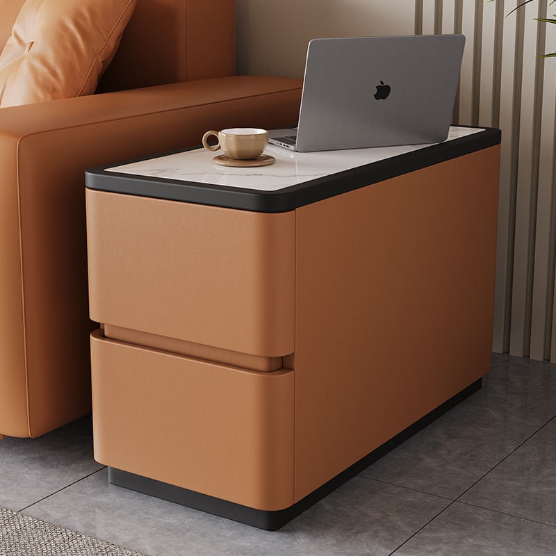 Modern Beige Upholstered Sofa Side Table Contrast Black Border White Stone Surface Two Drawer Storage Side Table - Image 22