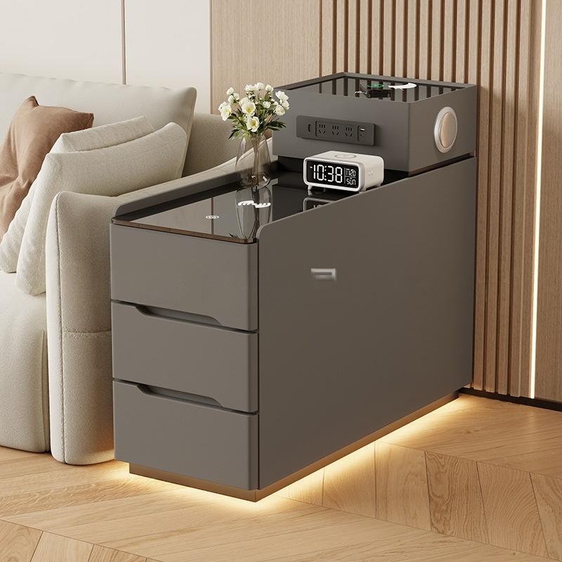 Modern Cream Tiered Smart Sofa Side Table Tempered Glass Top Three Storage Drawers with Built-in LED Ambient Light Strip - Image 14