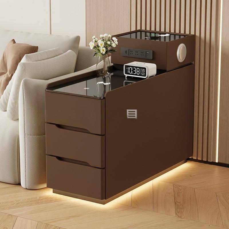 Modern Cream Tiered Smart Sofa Side Table Tempered Glass Top Three Storage Drawers with Built-in LED Ambient Light Strip - Image 18