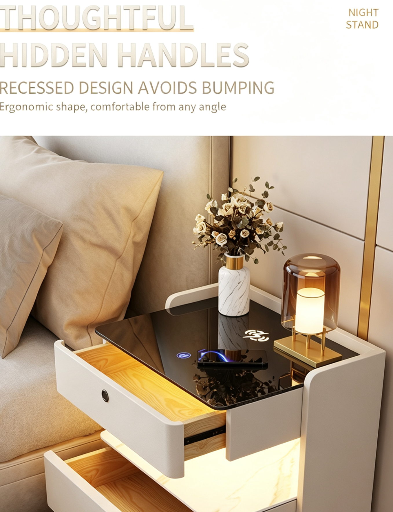 Nodic Light Luxury Smart Bedroom Nightstand with Wireless Charging Fingerprint Lock& Ambient Light - Image 4
