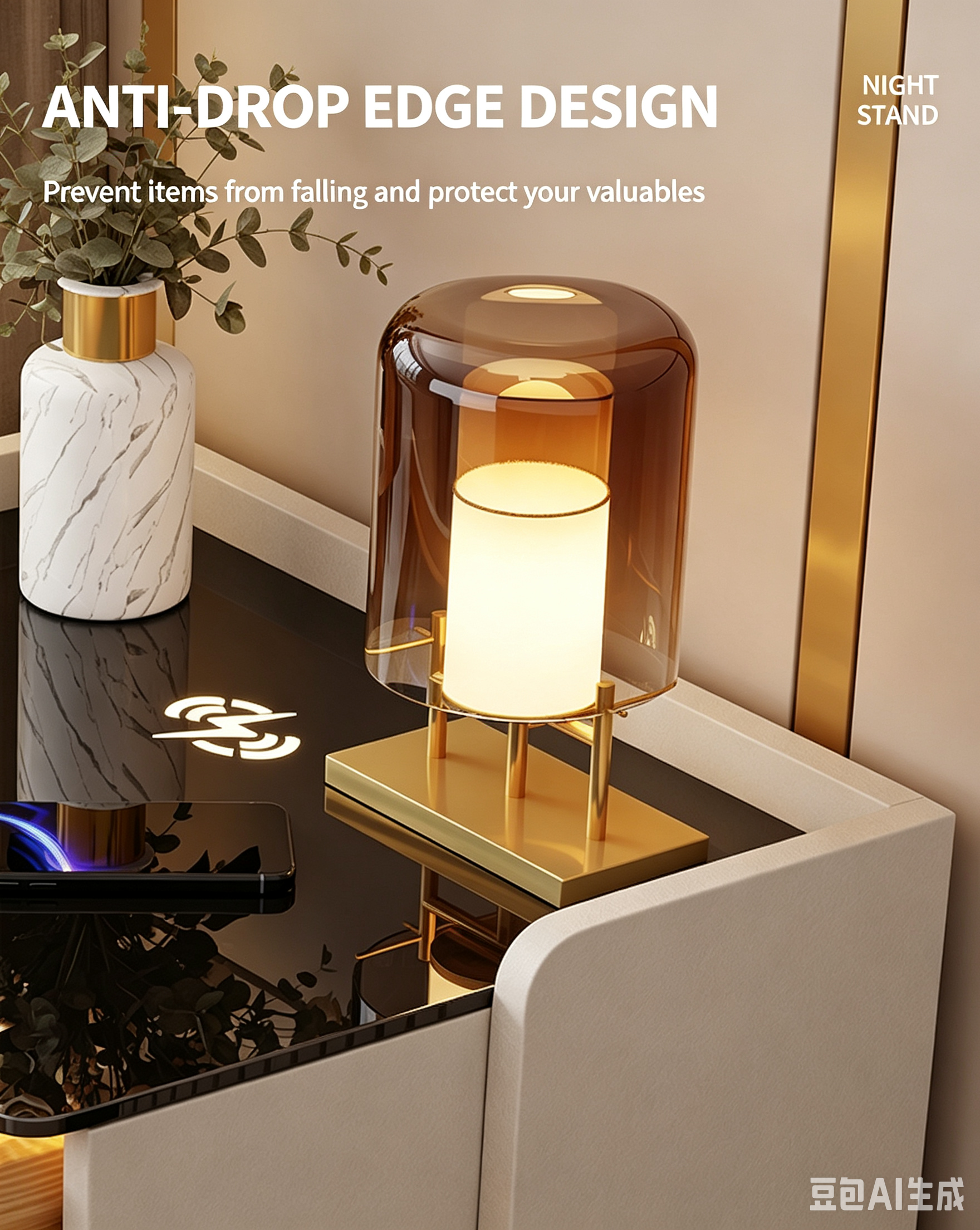 Nodic Light Luxury Smart Bedroom Nightstand with Wireless Charging Fingerprint Lock& Ambient Light - Image 5