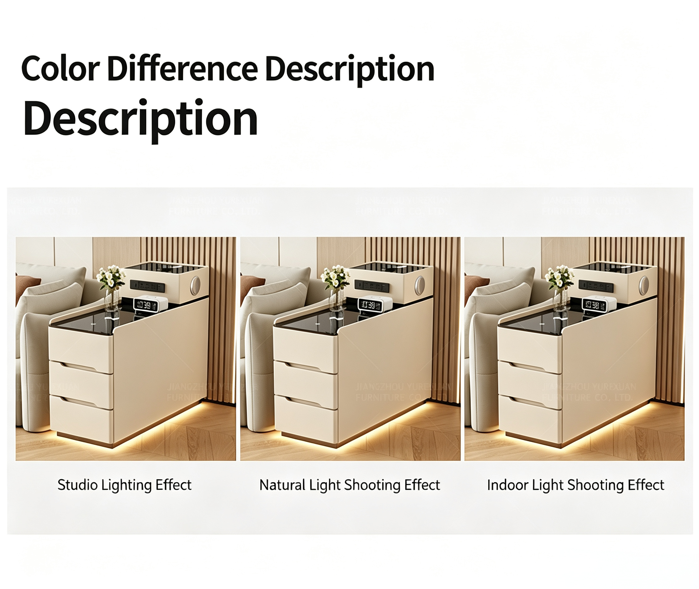 Modern Cream Tiered Smart Sofa Side Table Tempered Glass Top Three Storage Drawers with Built-in LED Ambient Light Strip - Image 2