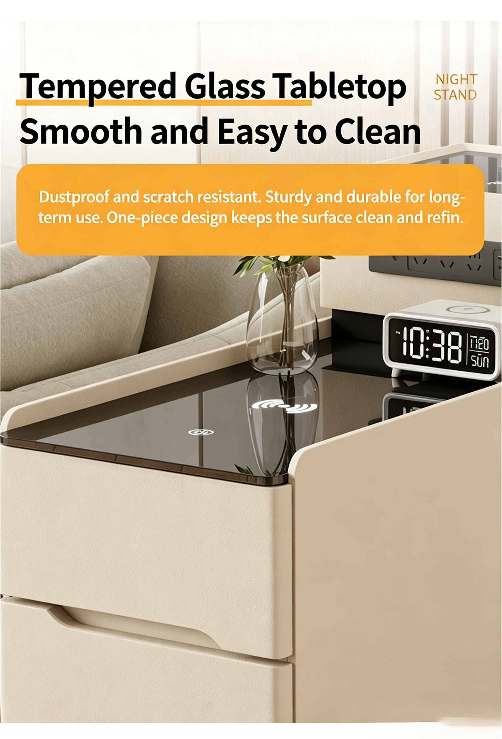 Modern Cream Tiered Smart Sofa Side Table Tempered Glass Top Three Storage Drawers with Built-in LED Ambient Light Strip - Image 12