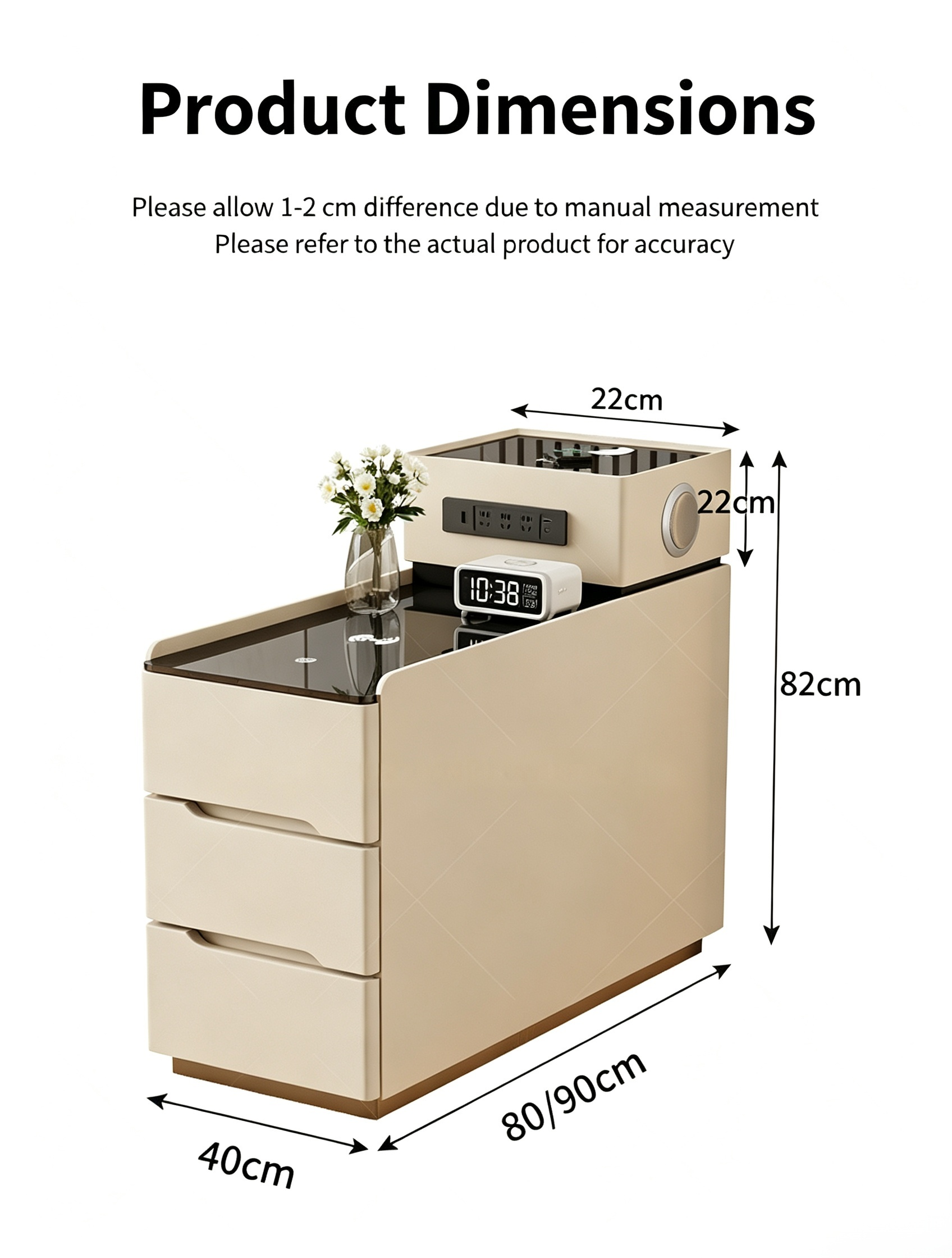 Modern Cream Tiered Smart Sofa Side Table Tempered Glass Top Three Storage Drawers with Built-in LED Ambient Light Strip - Image 13