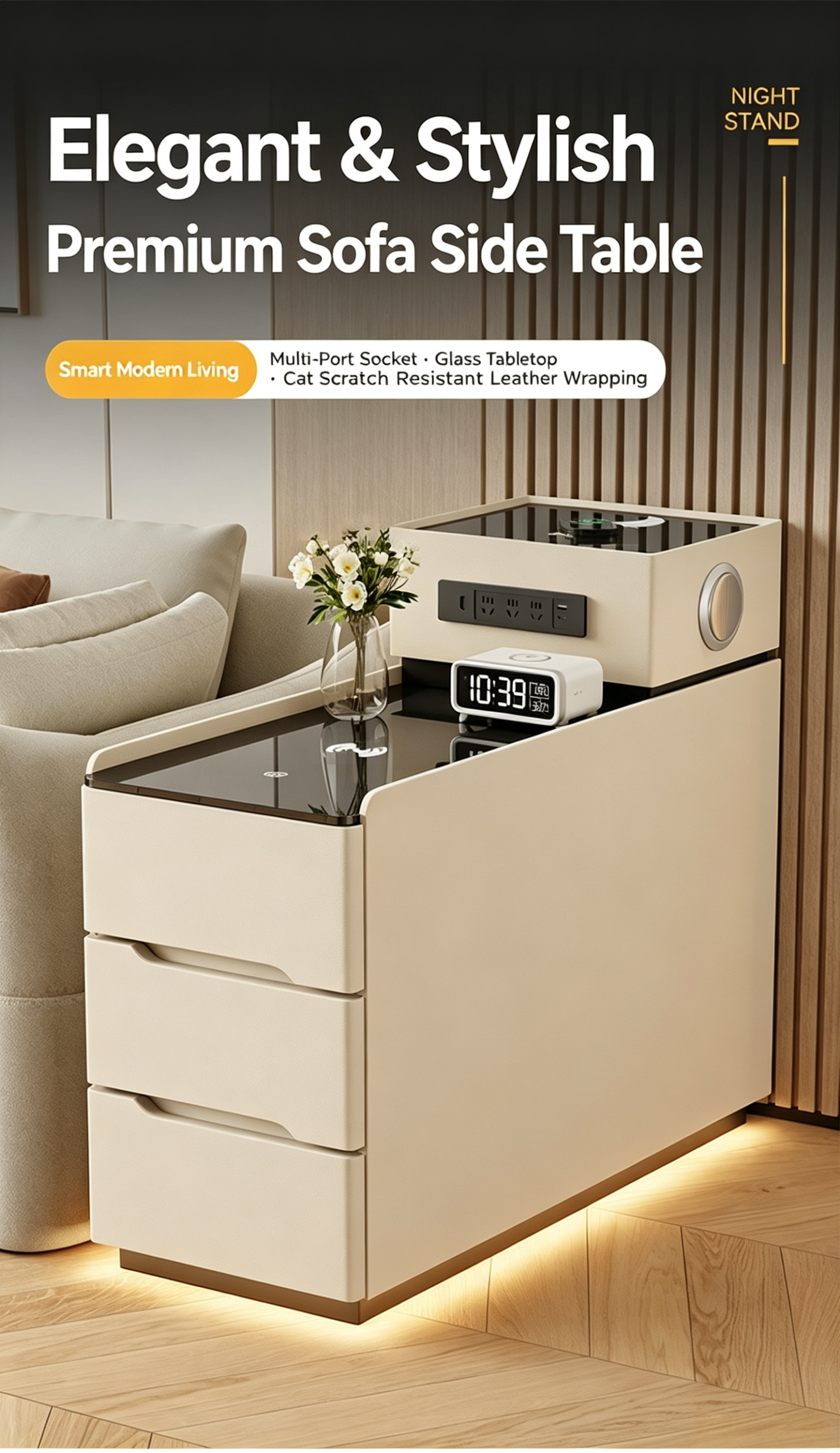 Modern Cream Tiered Smart Sofa Side Table Tempered Glass Top Three Storage Drawers with Built-in LED Ambient Light Strip - Image 4