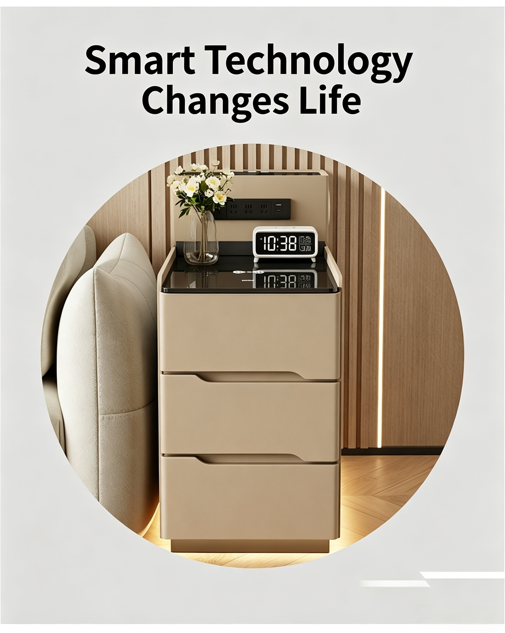 Modern Cream Tiered Smart Sofa Side Table Tempered Glass Top Three Storage Drawers with Built-in LED Ambient Light Strip - Image 5