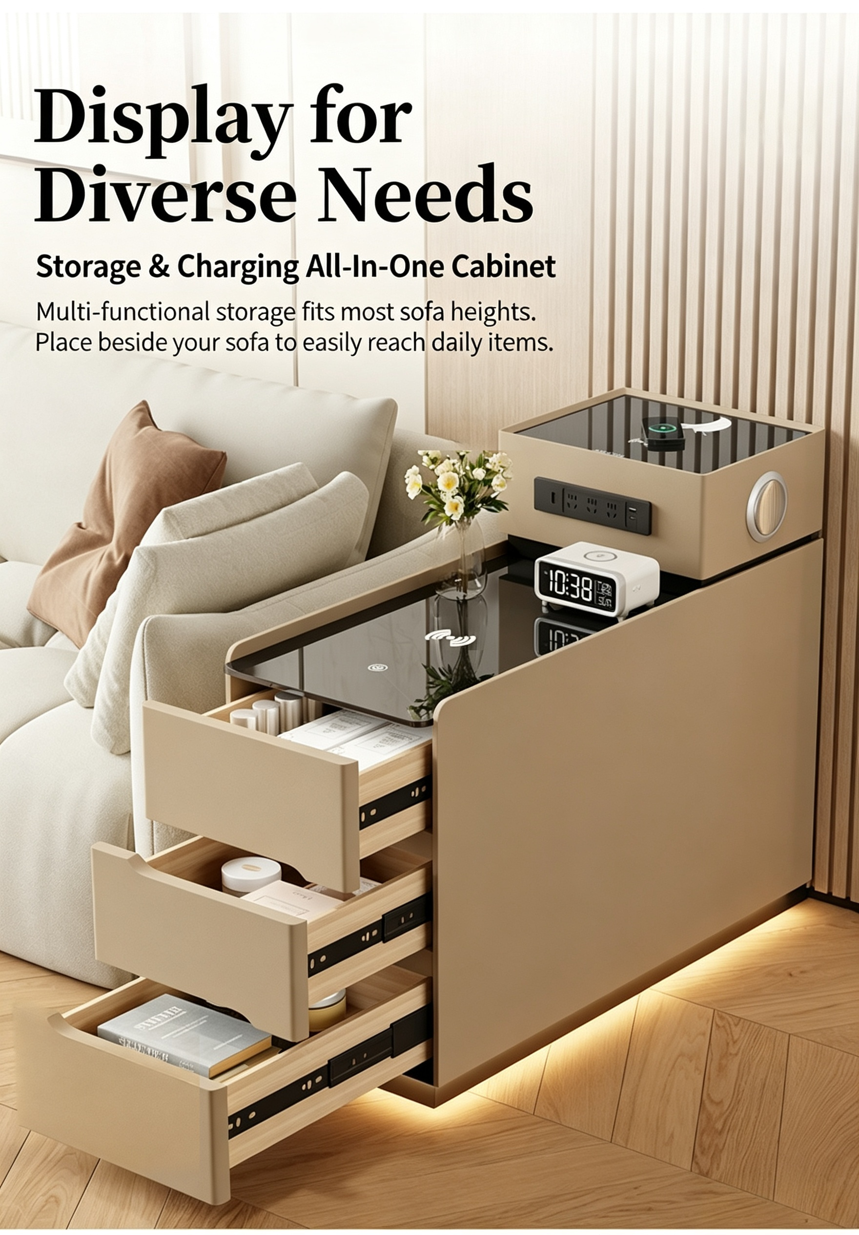 Modern Cream Tiered Smart Sofa Side Table Tempered Glass Top Three Storage Drawers with Built-in LED Ambient Light Strip - Image 6