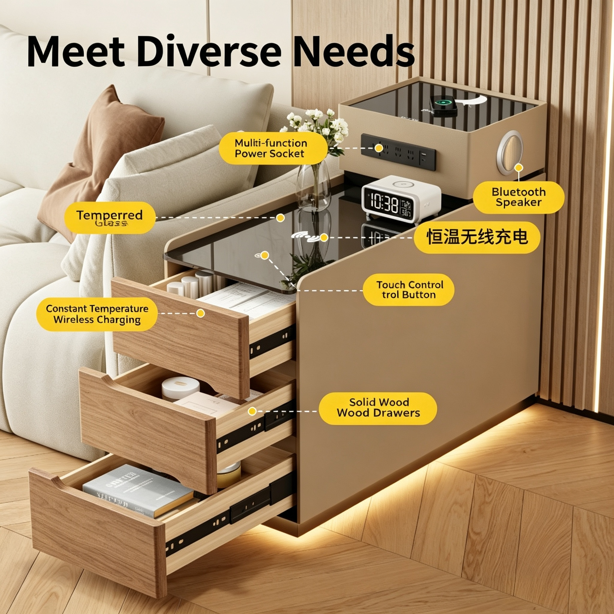 Modern Cream Tiered Smart Sofa Side Table Tempered Glass Top Three Storage Drawers with Built-in LED Ambient Light Strip - Image 7
