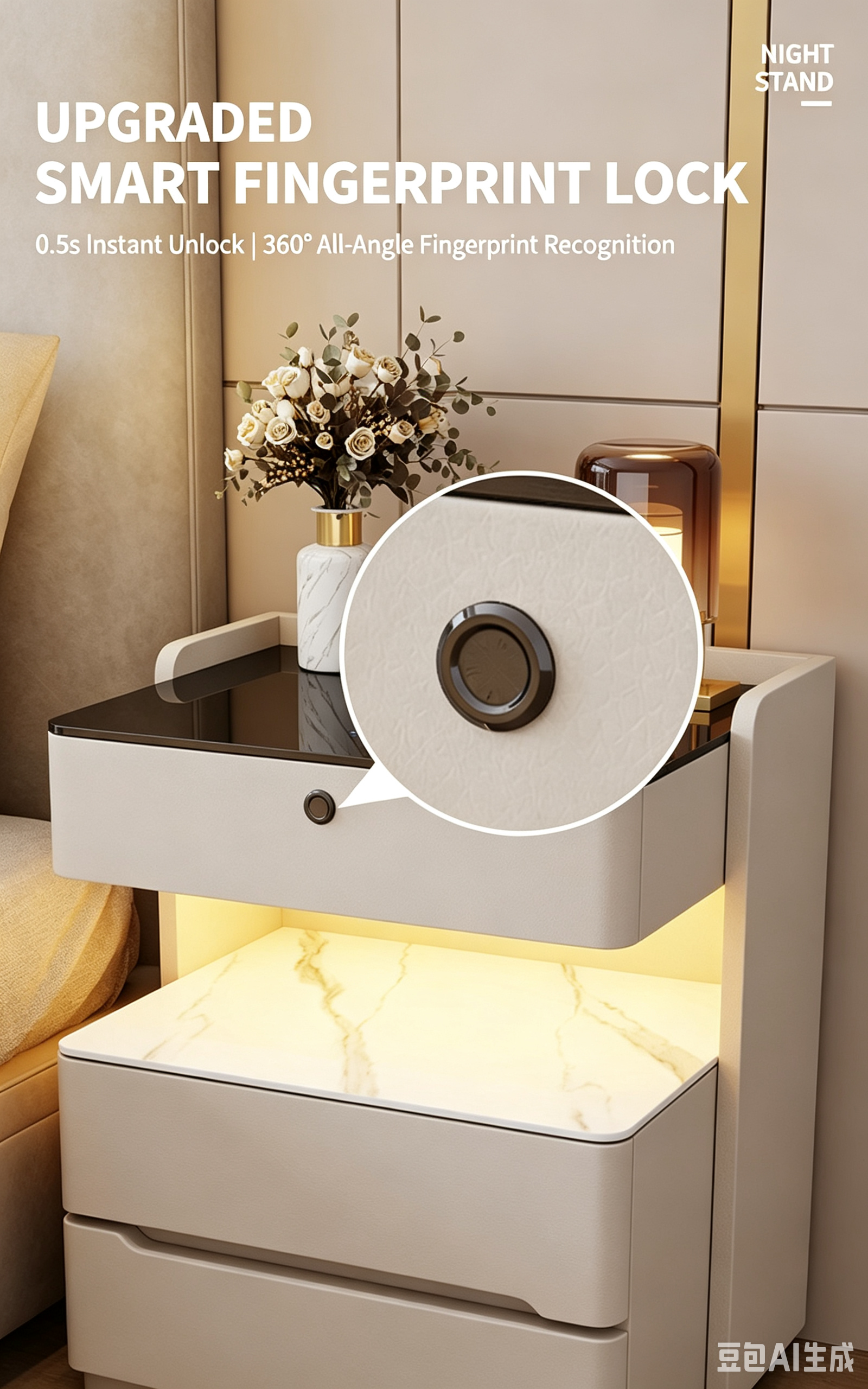 Nodic Light Luxury Smart Bedroom Nightstand with Wireless Charging Fingerprint Lock& Ambient Light - Image 6