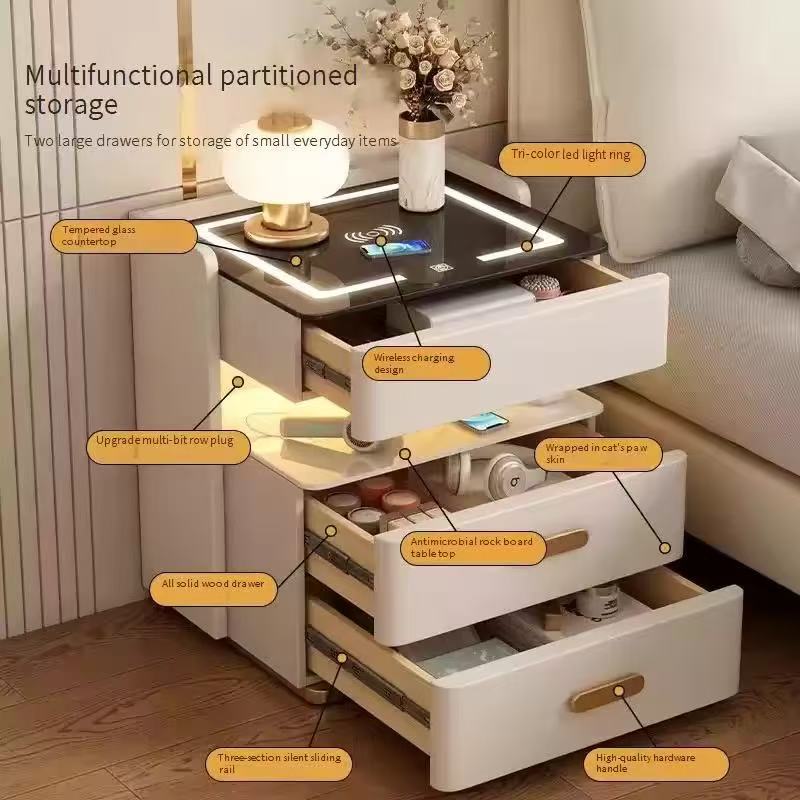 Cream Style Minimalist Three Drawer Bedroom Nightstand with Sensor Light Wireless Charging for Home or Hotel Use - Image 2