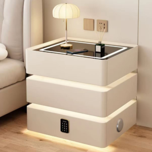 Cream Rounded 3-Drawer Smart Nightstand, LED Lighted Glass Top Bedside Table with Digital Password Lock