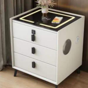 3-Drawer Smart Nightstand with LED Light Frame, Black Pull Handles & Slender Metal Legs Modern Bedside Table