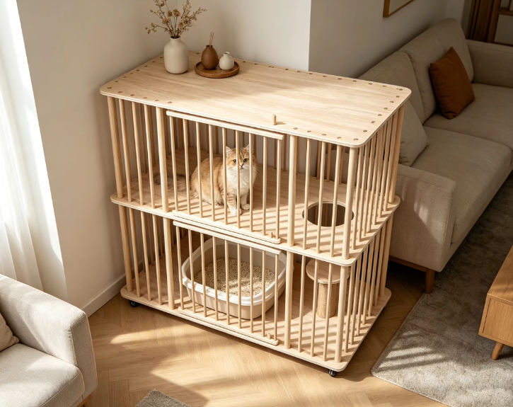 Double-Tier Solid Wood Cat Villa with Sisal Scratching Post & Rolling Wheels - Image 7