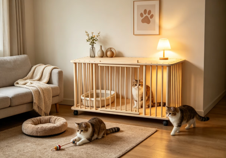 Solid Wood Single-Tier Cat Condo with Rolling Wheels & Spacious Top Shelf - Image 6