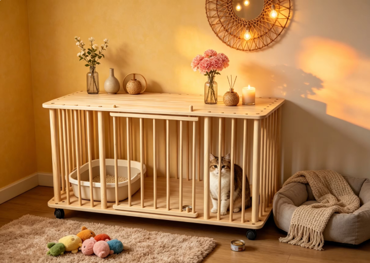 Solid Wood Single-Tier Cat Condo with Rolling Wheels & Spacious Top Shelf - Image 5