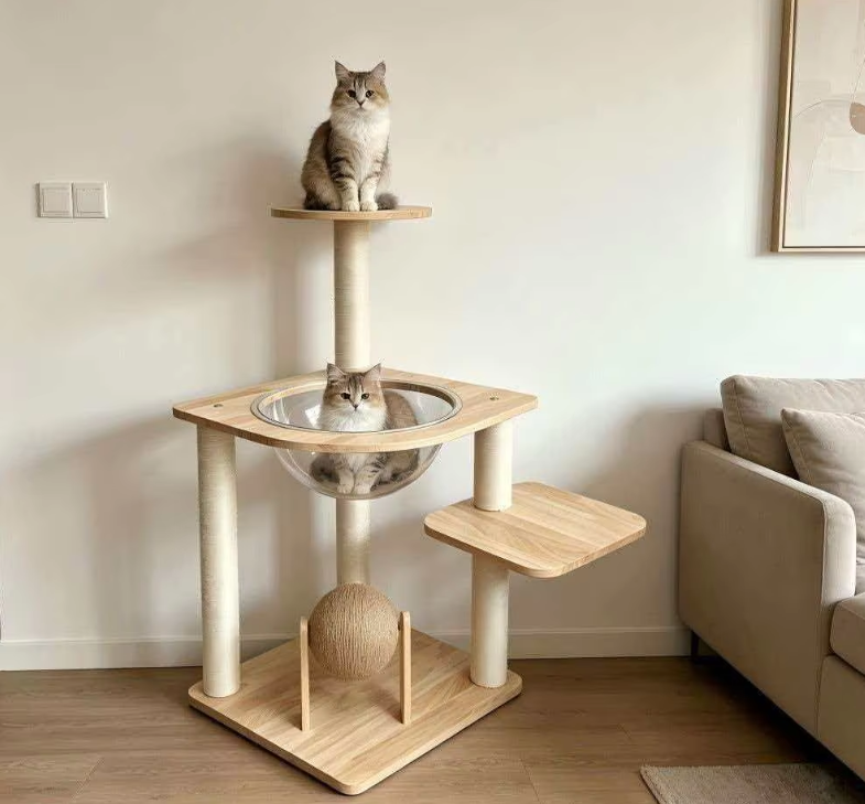 Modern Wooden Cat Tower with Clear Space Capsule & Sisal Scratch Ball - Image 5