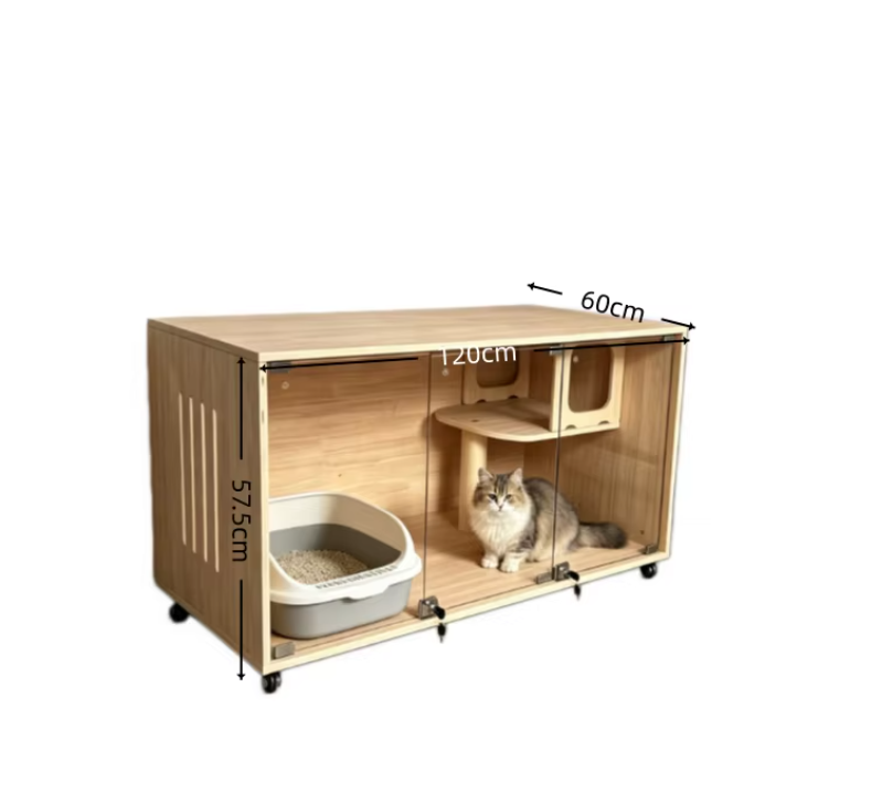 Modern Wooden Cat House with Tempered Glass Doors, Sisal Scratching Posts & Wheels - Image 2