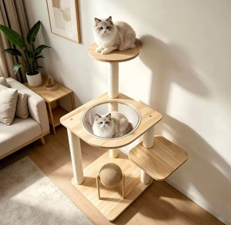 Modern Wooden Cat Tower with Clear Space Capsule & Sisal Scratch Ball - Image 8