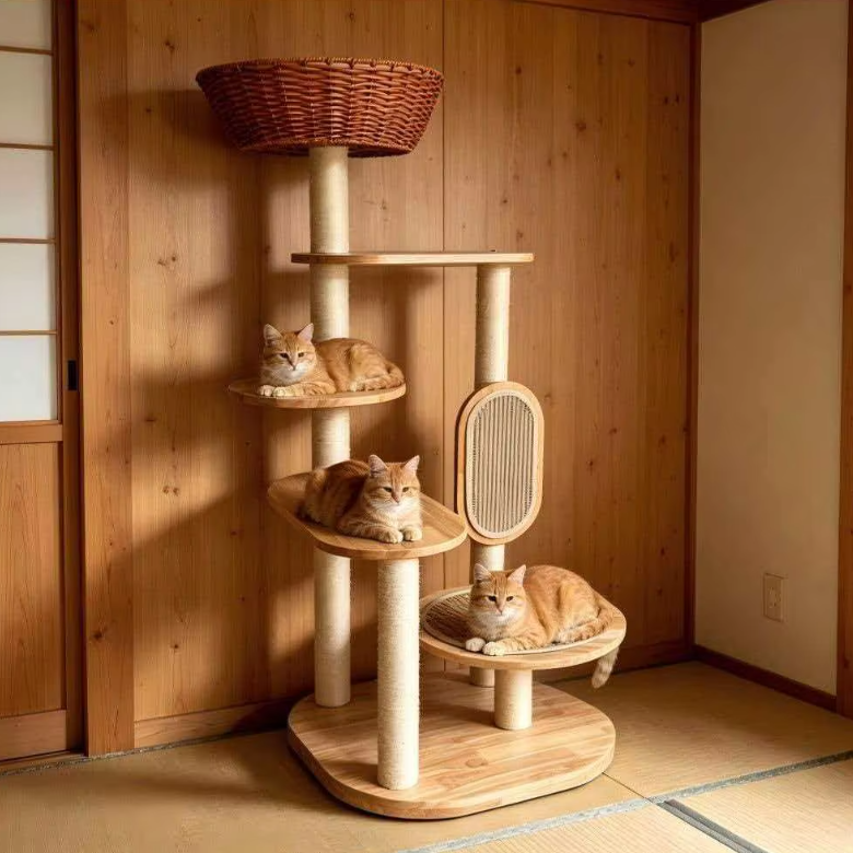 Multi-Level Natural Wood Cat Tree with Rattan Basket & Scratching Board - Image 7