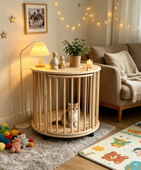 Round Solid Wood Single-Tier Cat Condo with Rolling Wheels & Side Table Top - Image 2